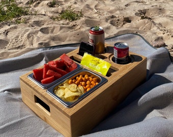 Couchbar Sofa Tablett Snack & Getränke Couchbar Bambus Holz Mini Bar Tassenhalter Bier und Snack Träger Veranstalter Geschenk für Papa Snack Set TV Box