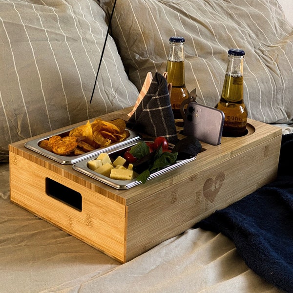 Couch Sofa Tablett / Snack & Getränkehalter / Mini Bar aus Bambusholz / Auto Getränkehalter / Bier und Snacks Träger Organisator / Geschenk für Papa Mama / TV Box