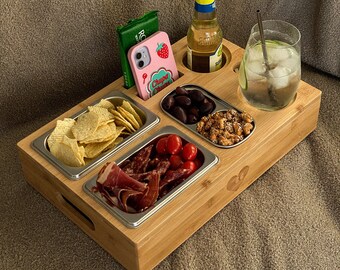 Couch Sofa Tray/ Snack & Drink Holder/ Bamboo Wooden mini bar/ Car Cup Holder/ Beer and Snack Carrier Organiser/ Gift Idea for Dad/ TV Box