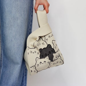 Nachhaltige gestrickte handgemachte Einkaufstasche / wiederverwendbar / Einkaufstasche / Handtasche Schultertasche / bunte wiederverwendbare Panda-Blumen-Kitty-Einkaufstasche Kittens