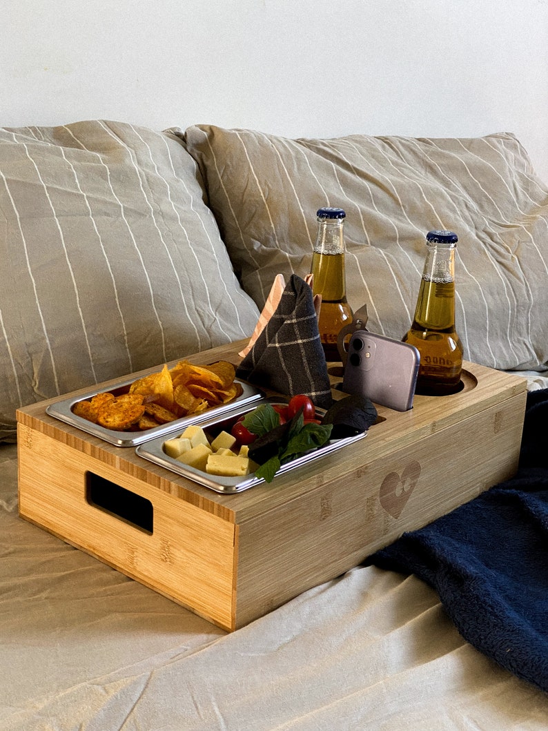 Couchbar Sofabar Tray Snackbar Drink Holder Bamboo Snack Wooden mini bar Couch Bar Beer and Snack Bar Organiser Gift for Dad TV Box image 3