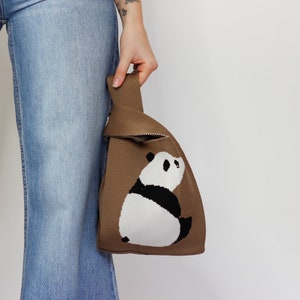 Nachhaltige gestrickte handgemachte Einkaufstasche / wiederverwendbar / Einkaufstasche / Handtasche Schultertasche / bunte wiederverwendbare Panda-Blumen-Kitty-Einkaufstasche Panda