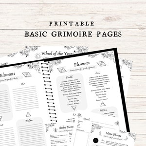 May include: Printable black and white grimoire pages with sections for notes, elements, herbs, rituals, and moon phases. The pages feature a floral design and a wheel of the year.