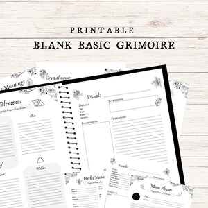 Könnte beinhalten: Druckbarer leerer Grimoire-Tagebuch mit Abschnitten für Rituale, Kräuter, Kristalle und Mondphasen. Die Seiten sind mit floralen und Mond-Illustrationen verziert.