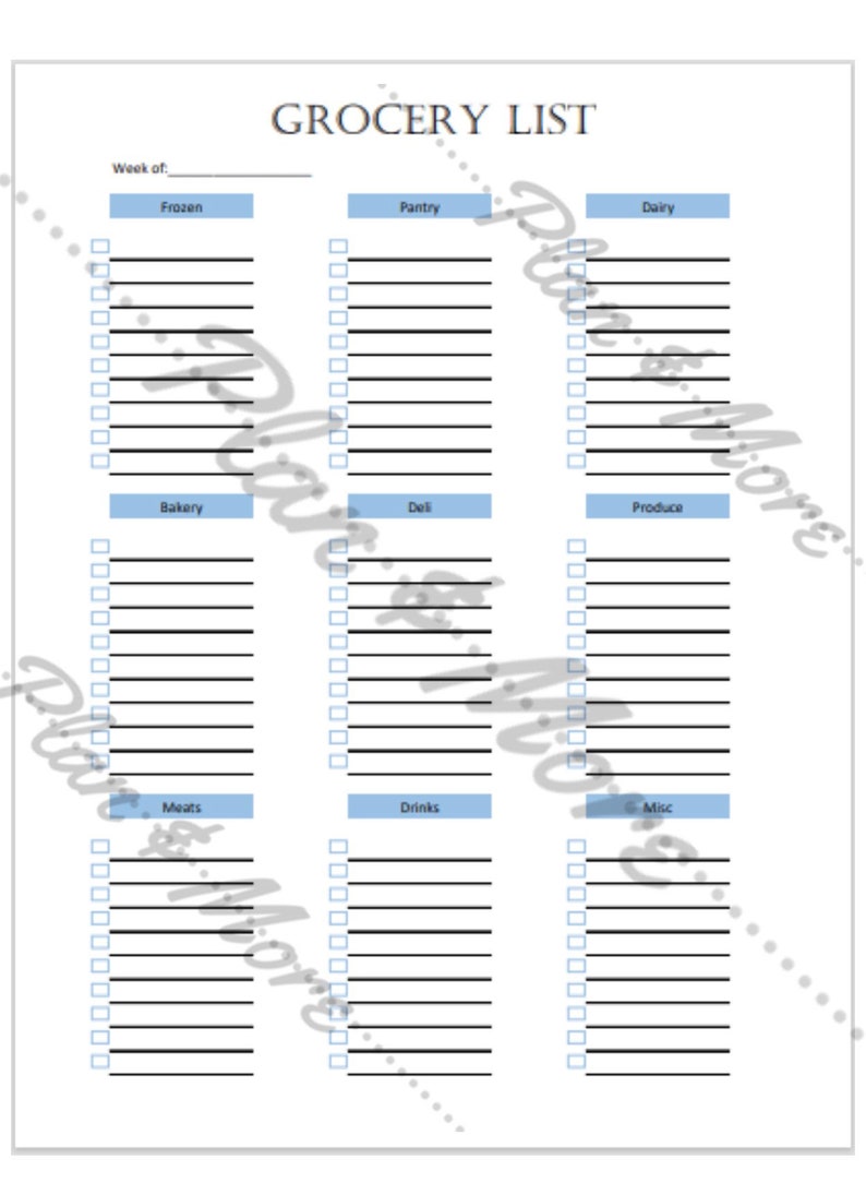 Printable Grocery List Etsy