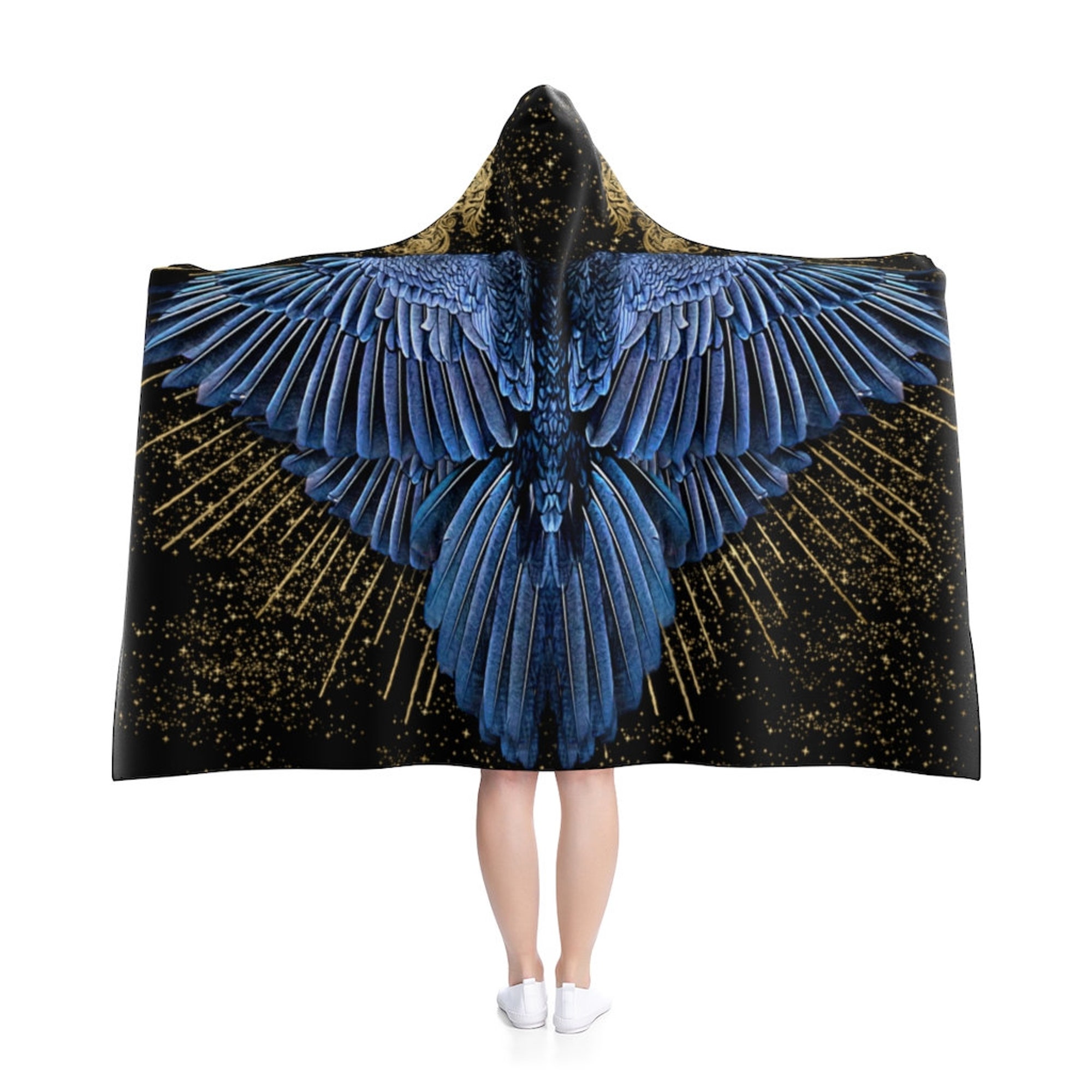 Discover Crow Wings with Gold Stars and Stripes and gothic scroll detailing on the Hood on a Hooded Blanket. Original Wiccan Inspired Art work.