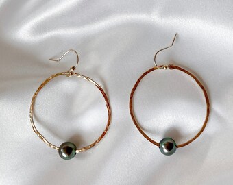 tahitian pearl hoops, tahitian pearl earrings, hawaiian hoop earrings, gold fill pearl hoops, pearl beach hoop earrings, hawaiian pearl