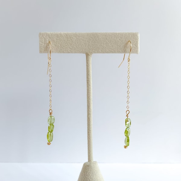 gold gemstone earrings, Olivine earrings, Peridot Earrings, August birthstone, Green earrings, gold chain earrings, hawaiian, birthday