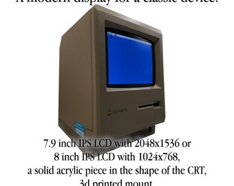 Display moderno per il classico Apple Macintosh: LCD IPS, lente acrilica e computer retrò vintage con supporto stampato in 3D