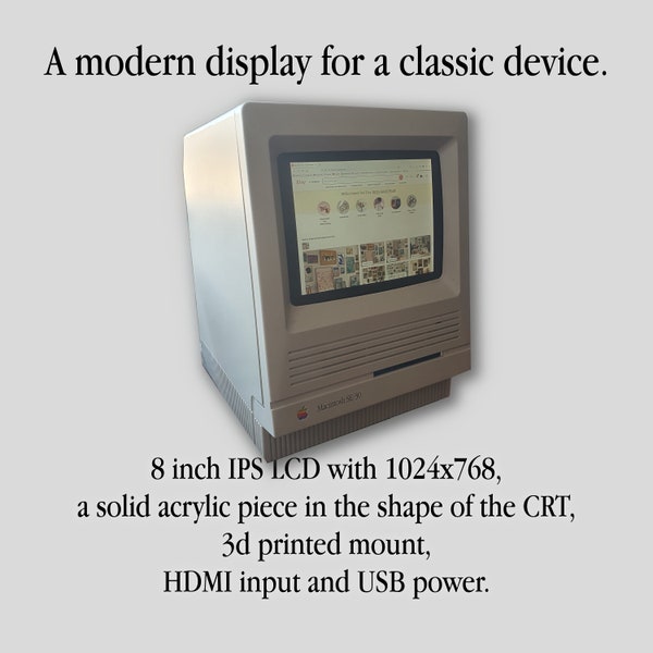 Modern display for classic Apple Macintosh - IPS LCD, acrylic lens and 3d printed mount retro computer vintage
