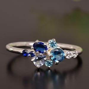 18K Weißgold Rund Aquamarin und Saphir Hochzeit Ring Birnenform Tansanit Ring Blauer Edelstein handgemachte Schmuck Jahrestag Geschenk für Frau