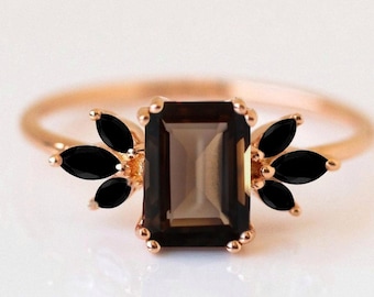 Smoky Quartz & Black Onyx Ring Emerald Cut Smoky Quartz Ring Solitaire Ring Ring for women 14K Rose Gold Smoky Quartz Ring Anniversary Ring