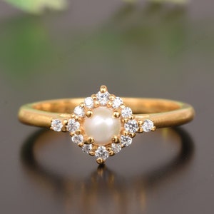 14k Rose Gold Pearl And CZ Diamond Engagement Ring Personalized Freshwater Pearl Ring June Birthstone Ring Minimalist Pearl Anniversary Gift