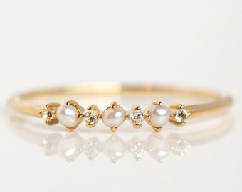 Natural Pearl Ring Dainty Pearl Ring 14k Solid Yellow Gold Pearl Ring Simple Ring June Birthstone Minimalist Ring Sterling Silver Pearl Ring