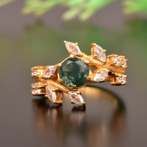 Natural Moss Agate Twig Leaf Ring 14K Rose Gold Engagement Ring Nature Inspired Solitaire Ring Natural Gemstone Jewelry Promise Wedding Ring