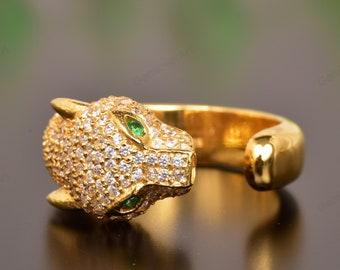 14k Yellow Gold Panther Animal Tiger Leopard Jaguar Cubic Zirconia Ring Animal Art Deco Jewelry, Unique Statement Ring, Personalized Gift