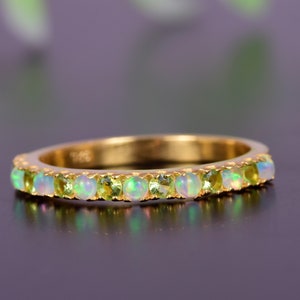Natural Peridot And Opal Wedding Band Half Eternity Band 14k Yellow Gold Band Vintage Peridot Wedding Band Opal Peridot Ring For Christmas
