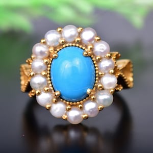 Turquoise Engagement Pearl Ring Rose Gold Oval Cut Gemstone Multi Stone Cluster Flower Antique Retro Ring Women Jewelry Birthday Girl Gift