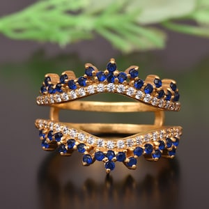 Blue Sapphire & Simulated Diamond Wedding Enhancer Band Unique Double Curved Enhancer Wedding Band 14K Solid White Gold Ring Christmas Gifts
