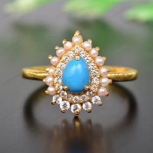 Turquoise Engagement Ring Pearl Ring Rose Gold Pear Shape Gemstone Multitone Cluster Flower Antique Ring Blue Gemstone December Birthstone