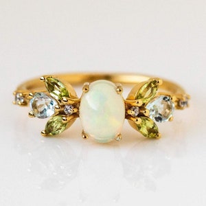 Opal And Peridot Wedding Band Aquamarine & CZ Diamond 14k Yellow Gold Band Vintage Peridot Wedding Band Opal Peridot Ring For Christmas