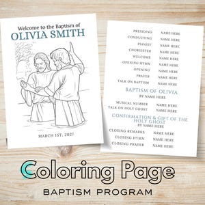Peut inclure: Programme de baptême en deux pages avec le texte "Welcome to the Baptism of OLIVIA SMITH" et une illustration en noir et blanc d'un baptême. Le programme comprend des sections pour les noms et les détails. Les mots "Coloring Page" et "BAPTISM PROGRAM" sont également visibles.