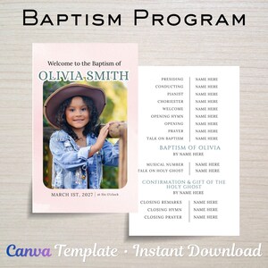 Peut inclure: Un modèle de programme de baptême avec le texte "Baptism Program" en haut. Le programme comprend une photo d'une jeune fille portant un chapeau et une veste en jean. Le programme comprend également une liste de l'ordre du service.