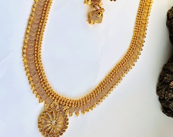 Antique Gold plated long Necklace Set Long Rani Haar Temple jewelry South Indian Jewelry
