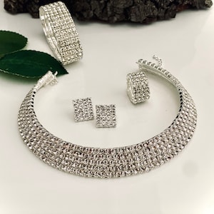 Rhinestone Jewelry Set , Bridal Rhinestone 5 Row Choker Necklace , Stretch Bracelet and earrings and Ring Set 5 Piece Rhinestone jewelry Set
