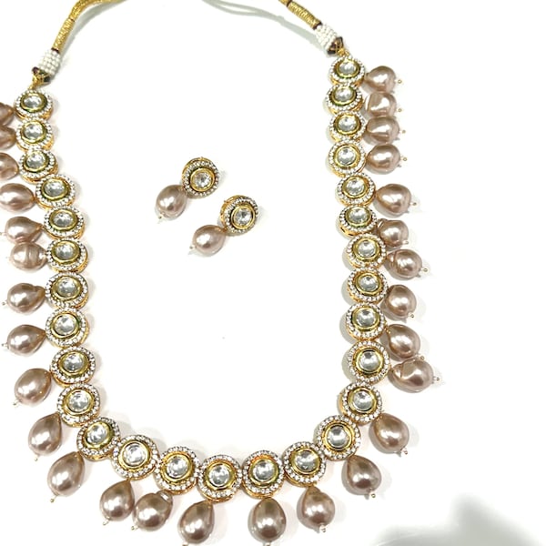 Real Pearl and Kundan Long Necklace Mala and Earrings / Beige,Pink  pearl jewelry for women /Kudan with zircon necklace and Earrings
