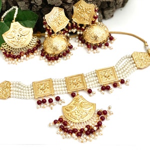 Punjabi traditional Gold plated jewelry white Pearls and Pippal patti Choker Necklace Indian Traditional Jewelry Choker Jhumka Earrings Set