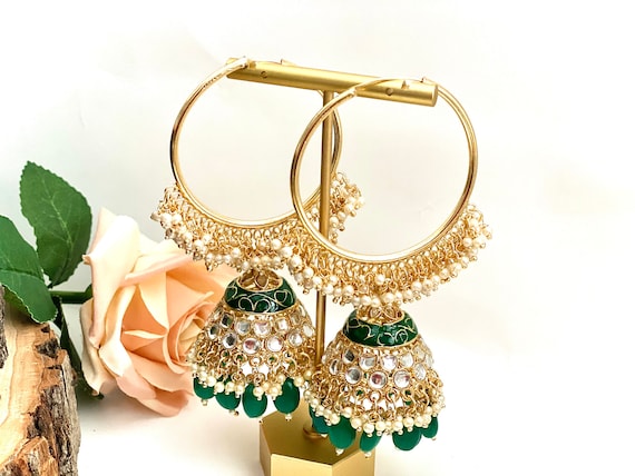 Gold Plated Antique Hoop Earrings/gold Hoop Jhumka Earrings/kundan Bali  Jhumkas/bali Earrings/ Punjabi Earrings/ Pakistani Earrings - Etsy