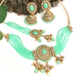 Indian Polki Choker Earrings and Tikka set /  Kundan Mint color beads Choker jhumki and Tikka set  / Pakistani Jewelry / Zircon choker set