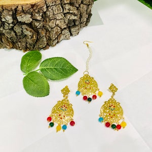 Traditional Punjabi Gold Plated jadau Earrings and Tikka set for kids little girls,indian jewelry for kids Gold multicolor pearl jewelry