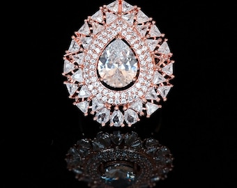 Cubic Zirconia Statement Big Size Rigs Crystal Rings Rose gold plated with white crystal Rings With  Adjustable band