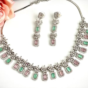 American Diamond Cubic Zirconia  Indian jewelry Multicolor Cubic Zirconium Necklace CZ Necklace Crystal Necklace Statement Necklace Set