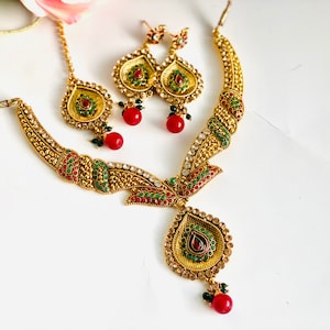Multicolor Antique Gold plated South indian Necklace earrings and Tikka Set Indian bollywood Necklace