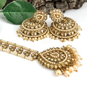 Antique Gold Polki Earrings And Tikka Set With Pearls Indian Bridal Traditional Wedding Jewelry Jhumka Earrings Set