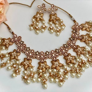 Gold Meenakari Necklace/  Kundan Necklace Set/ Pearl jewelry/ South Indian jewelry/ Punjabi jewelry/ Pakistani jewelry Indian Bridal Jewelry