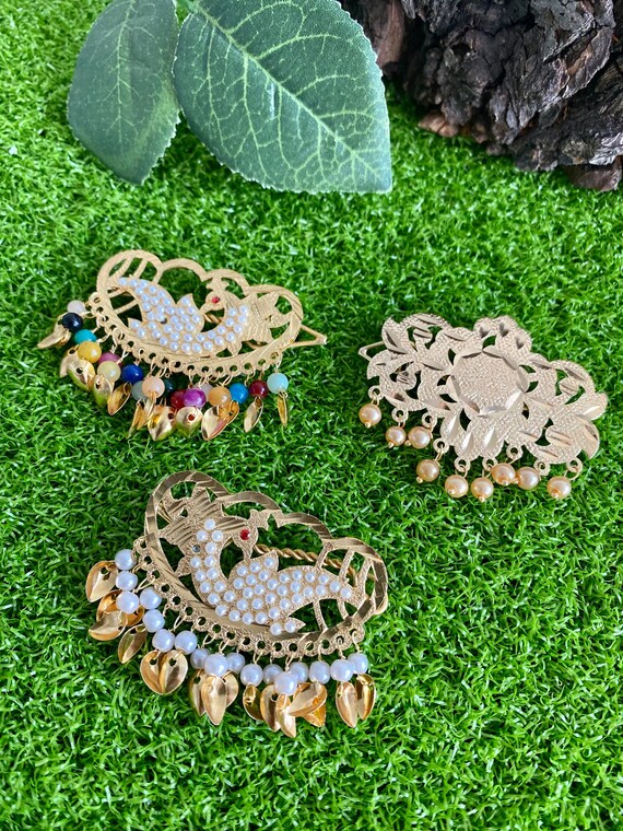 Traditional Punjabi Pippal Patti moti Morni Gold Finish Hair Clips