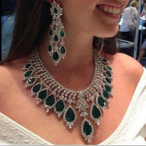 Silver CZ and American Diamond Necklace Set/  Emerald Green Necklace Set/ Real Diamond Replica/ Indian Jewelry/ Pakistani Jewelry/ Diamond
