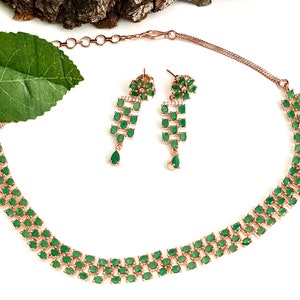 Rose Gold and Green Necklace Set With Earrings/ CZ jewelry/  Crystal jewelry set/ Single Line Ad Necklace Set Indian CZ jewelry/