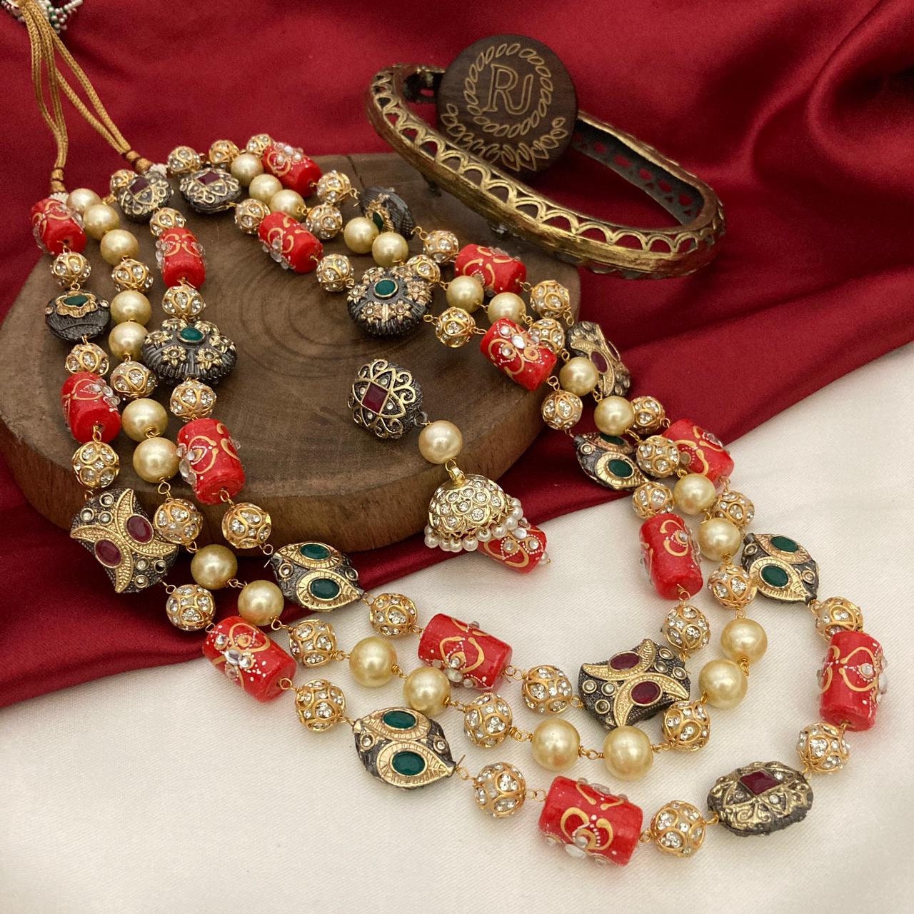 3 Layer Long Beads Necklace with Earrings / Indian Jewelry/ Long Indian Necklace/ Long Kundan Necklace/ Sabyasachi Jewelry/