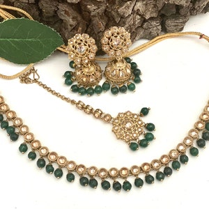 Single Line Kundan Polki Necklace Earring with Tikka Set/ Ethnic Bollywood Fashion Statement Jewelry for Women South Indian jewelry/ Punjabi