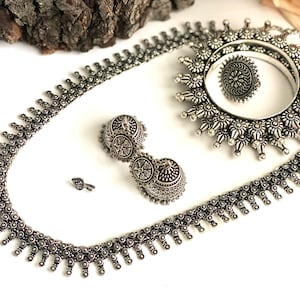 Oxidized German Silver Long Necklace Set of 5| Indian Ethnic Oxidized Silver Black Temple Jewelry | Kolhapuri Boho Tribal Necklace