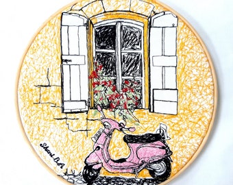 PINK SCOOTER - 17cm/ 6.6" embroidery on cotton, embroidery hoop art, finished embroidery, embroidery wall art, gift embroidery, gift idea