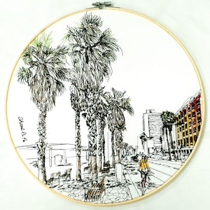 THE PROMENADE embroidery on cotton- 34 cm/13.3&quot;, embroidery hoop art, wall hanging, wall art, hoop art, ready to hang, framed art, gift art