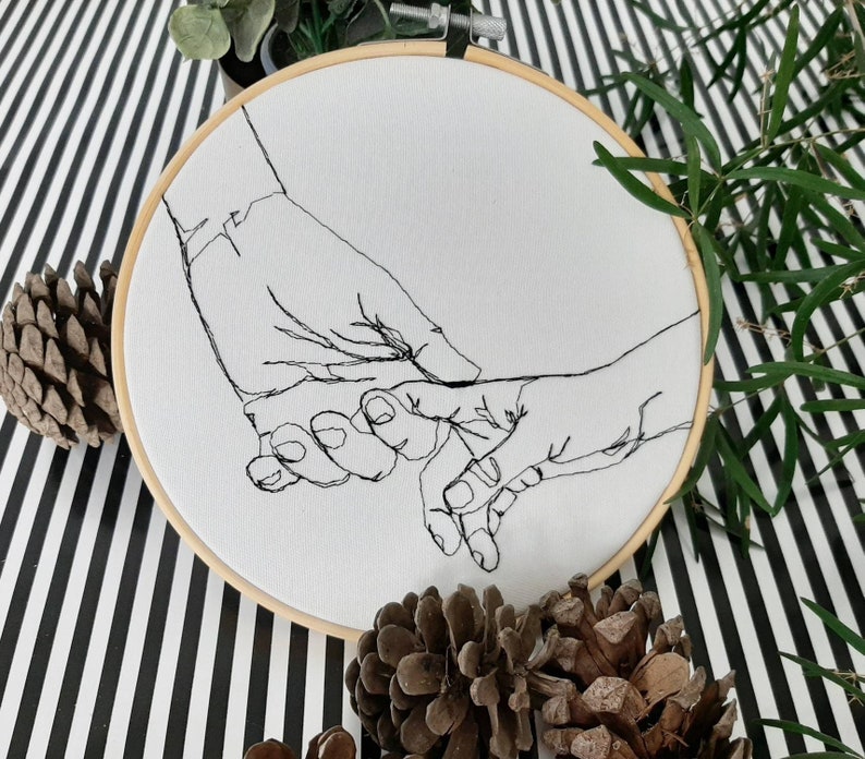 HOLDING HANDS 19cm/ 7.4 finished embroidery, embroidery on cotton, gift idea, romantic gift, hand embroidery, friendship gift, love gift image 1