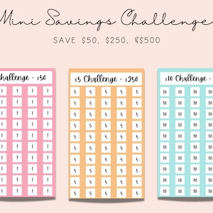 May include: Three printable charts for a savings challenge. The first chart is pink and has 50 squares labeled with the number "1". The second chart is orange and has 10 squares labeled with the number "5". The third chart is blue and has 10 squares labeled with the number "10". The charts are titled "$1 Challenge - $50", "$5 Challenge - $250", and "$10 Challenge - $500".