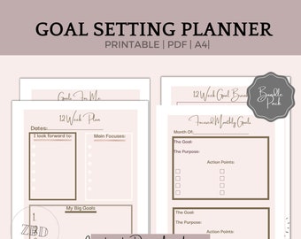 May include: A printable goal setting planner in PDF format. The planner includes a 12-week plan, focused monthly goals, and a section for big goals. The planner is designed in a light pink and brown color scheme.